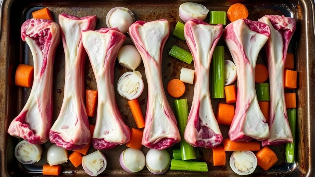 Raw beef bones arranged on a baking sheet with halved onions, carrots, and celery ready for roasting, uncooked preparation stage