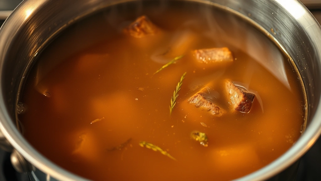 Golden amber beef bone broth simmering gently in a large stainless steel pot with visible steam, herbs visible in the liquid