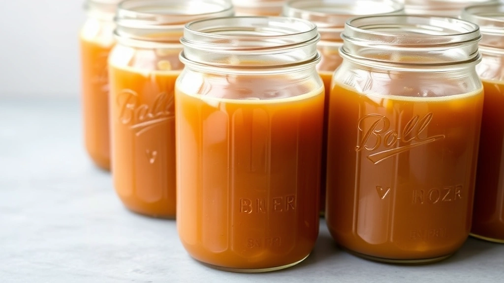 Finished beef bone broth in glass containers showing rich golden color and gelatinous consistency when cooled, ready for storage