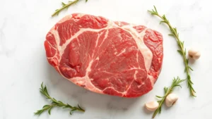 Raw beef chuck steak with visible marbling and fat, on white marble countertop with fresh rosemary sprigs and garlic cloves scattered nearby, natural lighting from above