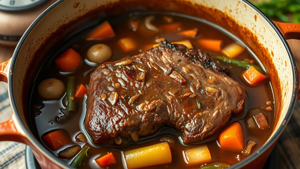 Perfectly braised beef chuck steak in rich brown sauce with caramelized onions, carrots, and celery in Dutch oven, steam rising from surface, rustic kitchen setting