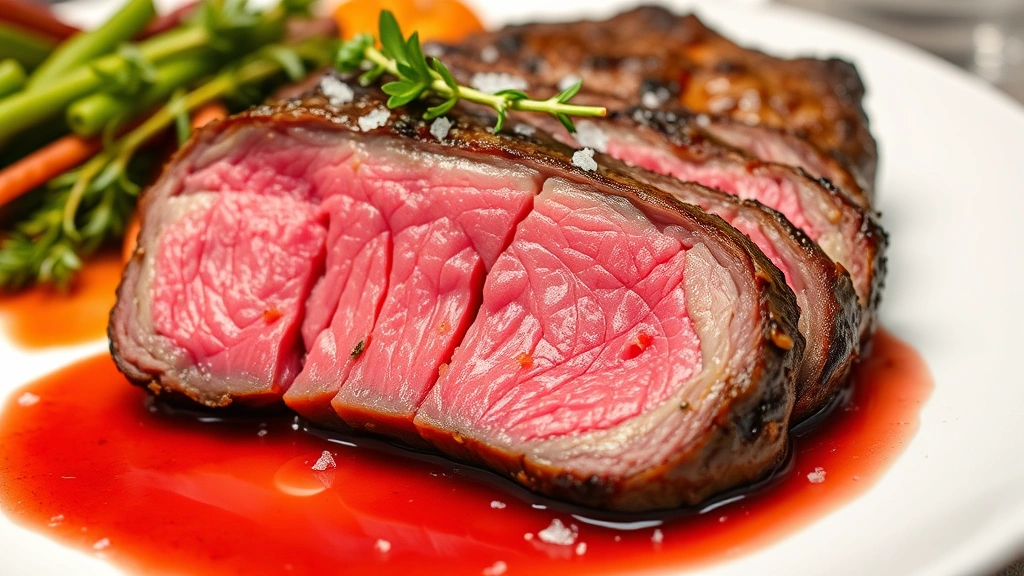 Sliced tender beef chuck steak revealing pink medium-rare interior with juices pooling on white plate, garnished with fresh thyme and coarse sea salt crystals, restaurant plating