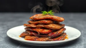 Golden-brown seared beef liver slices stacked on a white plate with crispy, caramelized edges and rich mahogany crust, steam rising, professional food photography, studio lighting