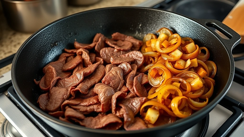 Large cast-iron skillet with thinly sliced beef liver cooking over high heat, creating a golden crust, with caramelized golden-brown onions piled beside, butter bubbling, kitchen counter background