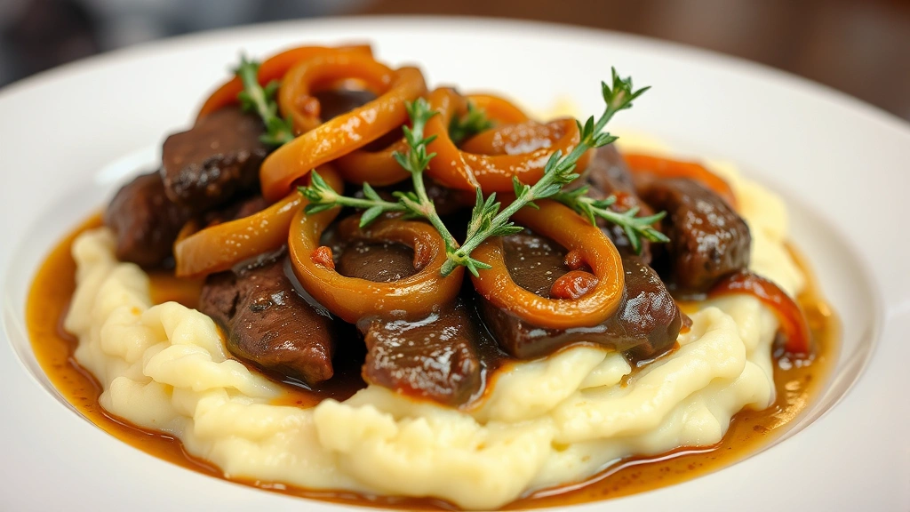 Plated beef liver and onions dish with creamy mashed potatoes, garnished with fresh thyme sprigs, caramelized onions draped over the liver, warm restaurant-style plating, shallow depth of field