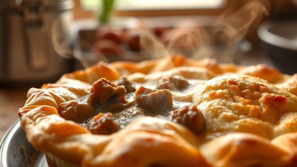 Close-up of golden-brown beef pot pie fresh from the oven with steam rising, flaky pastry crust visible with crispy edges, warm lighting from kitchen window