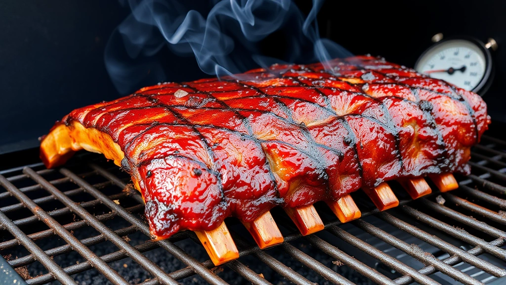 Golden brown smoked beef ribs on smoker grate with thin blue smoke rising, bark fully developed, meat pulling back from bones, pit thermometer visible in background