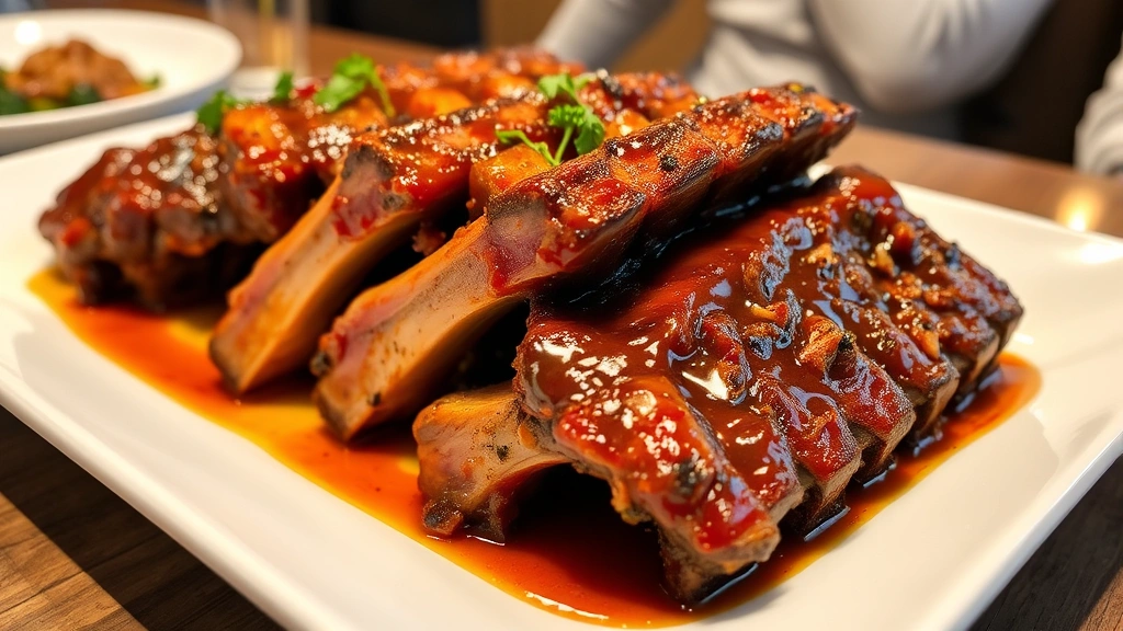Finished beef ribs on white ceramic platter with caramelized sauce glaze, meat clearly separated from bones, garnished with fresh herbs, warm indoor lighting, appetizing presentation