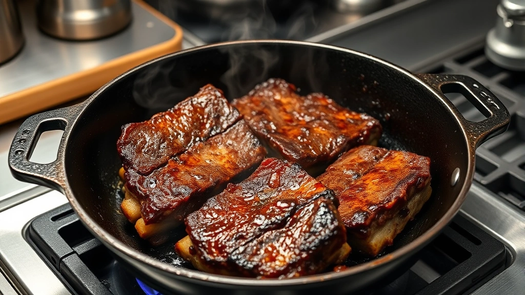 Beef short ribs sizzling in a dark cast iron skillet over high heat, showing deep brown caramelization on the meat surface, with steam rising, professional kitchen setting