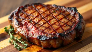 Perfectly seared ribeye steak with pink medium-rare center and golden brown crust, resting on wooden cutting board with fresh thyme sprigs beside it