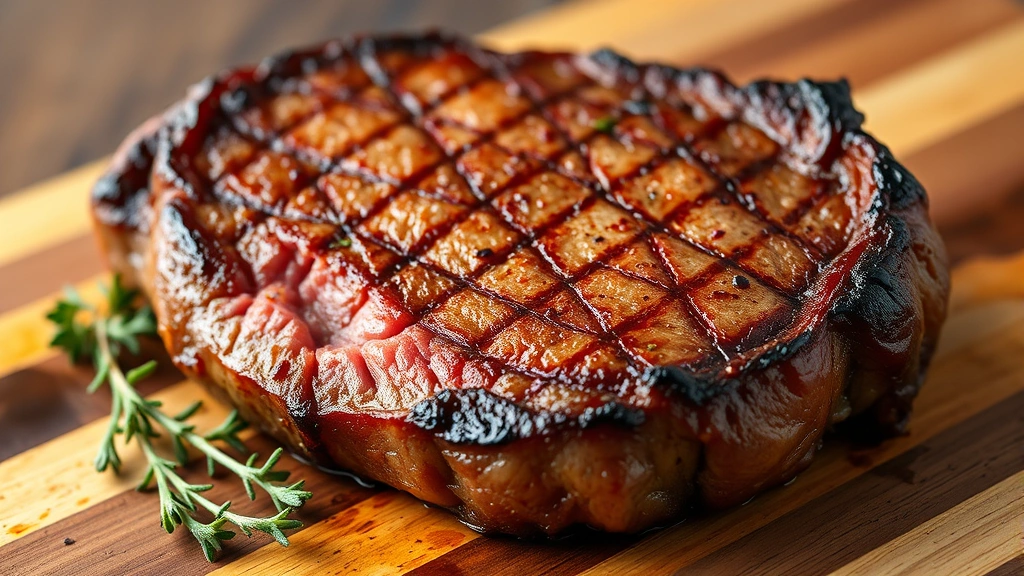 Perfectly seared ribeye steak with pink medium-rare center and golden brown crust, resting on wooden cutting board with fresh thyme sprigs beside it