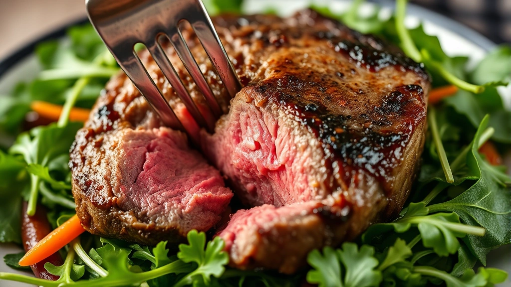 Close-up of fork cutting into warm beef steak on bed of crisp arugula and spinach, showing medium-rare pink interior and textural contrast between meat and greens