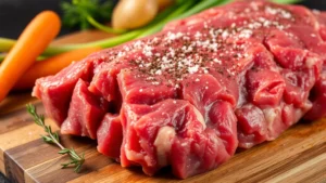 Close-up of raw beef chuck roast chunks seasoned with salt and pepper, displayed on a wooden cutting board with fresh carrots, potatoes, and celery nearby, professional food photography lighting