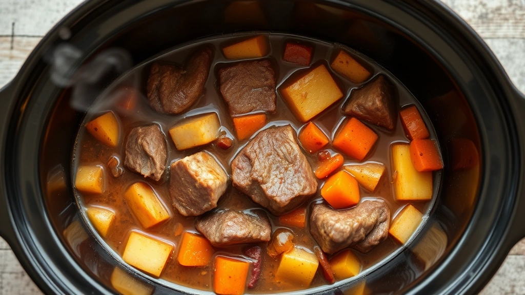 Overhead shot of crockpot filled with simmering beef stew showing tender meat pieces, golden broth, and colorful vegetables including carrots and potatoes at full simmer, steam rising slightly