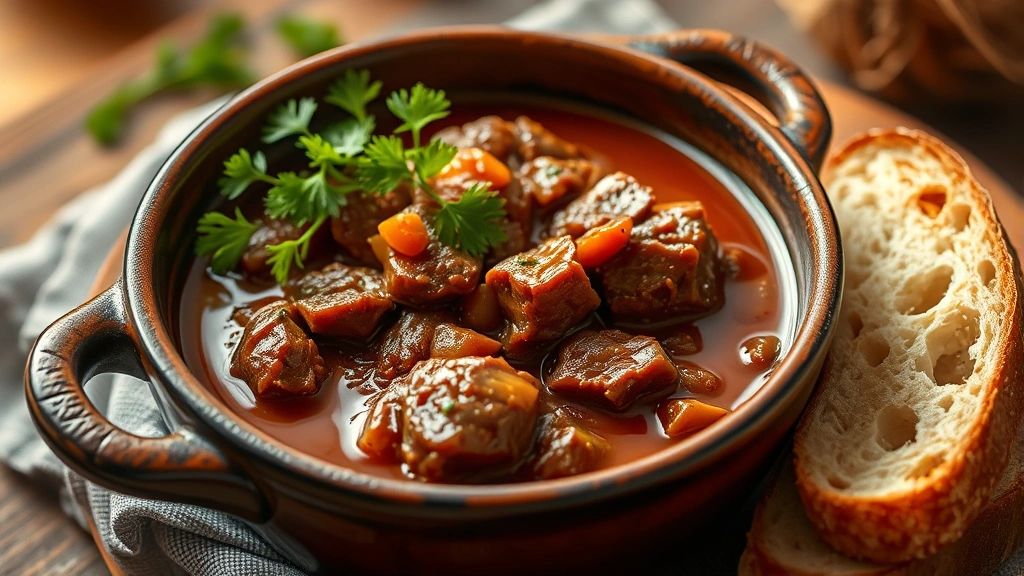 Finished beef stew in a rustic ceramic bowl garnished with fresh green parsley, crusty bread slice on the side, warm lighting creating cozy comfort food atmosphere