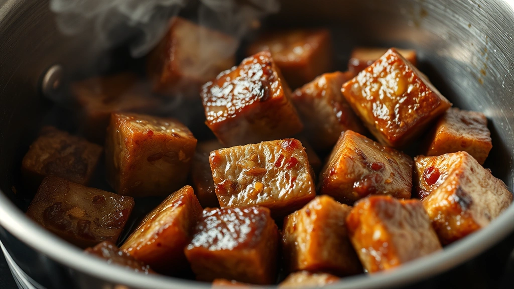 Close-up of golden-brown seared beef cubes in a stainless steel pot with visible crust and browning, steam rising slightly