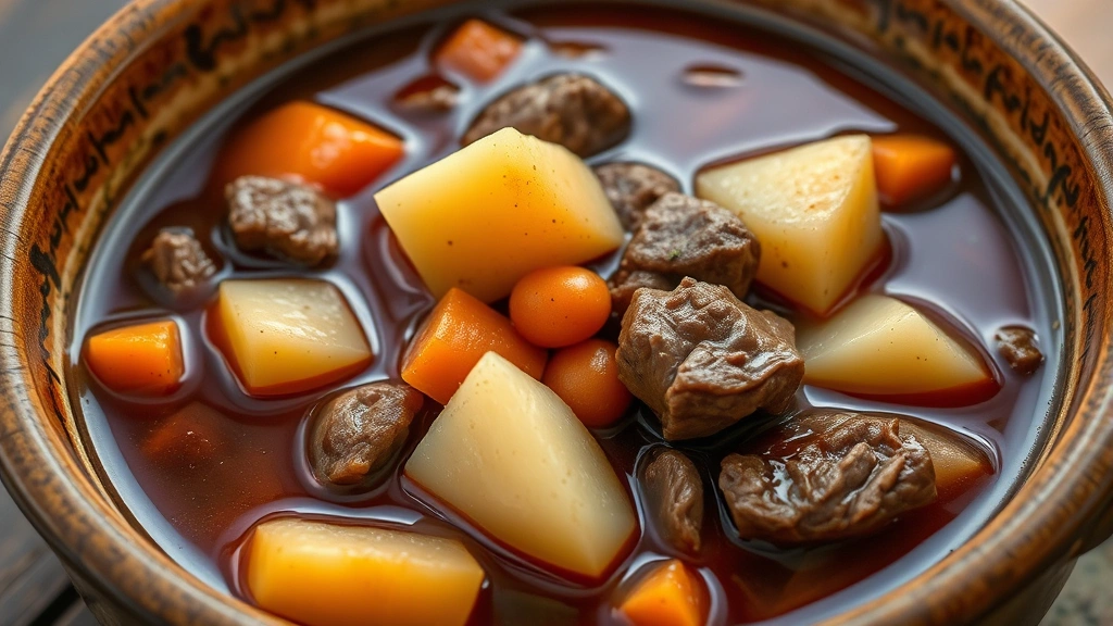 Wide shot of a rustic ceramic bowl filled with rich beef stew showing tender beef chunks, golden carrots, white potatoes, and glossy dark broth