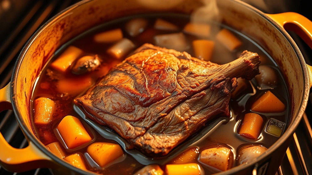 Dutch oven filled with beef tongue braising in rich brown liquid surrounded by caramelized onions, carrots, and celery, steam rising, warm golden light from oven