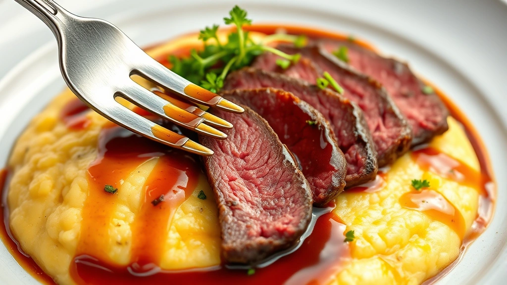 Plated sliced beef tongue arranged elegantly on creamy polenta with glossy brown sauce drizzled over, garnished with fresh parsley and microgreens, fork showing tender texture