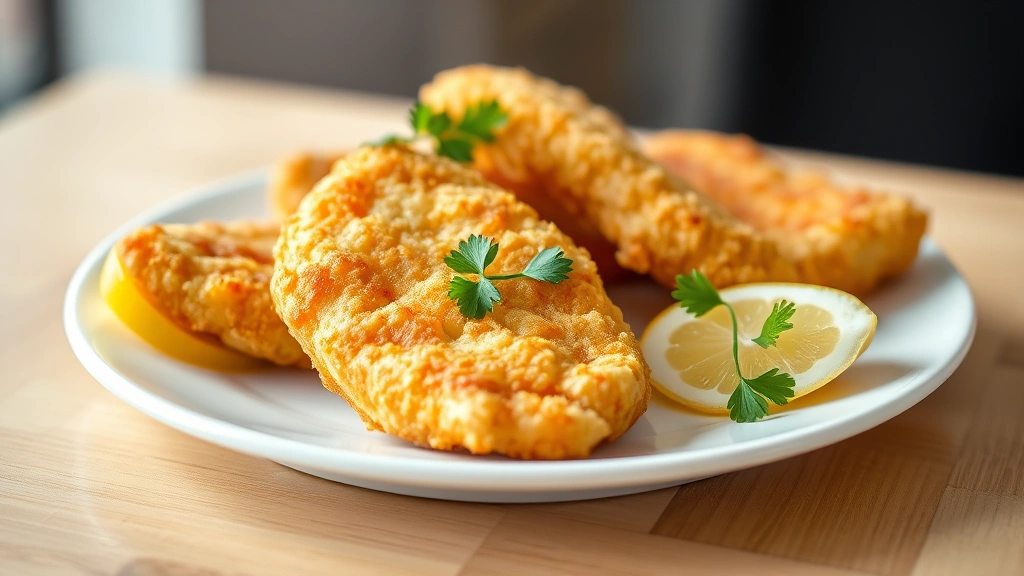 Golden-brown crispy beer battered fish pieces on white plate with lemon wedges and fresh parsley garnish, shallow depth of field