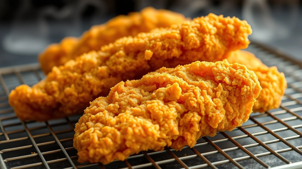 Close-up of freshly fried golden crispy beer-battered chicken strips on wire cooling rack with steam rising, selective focus on texture