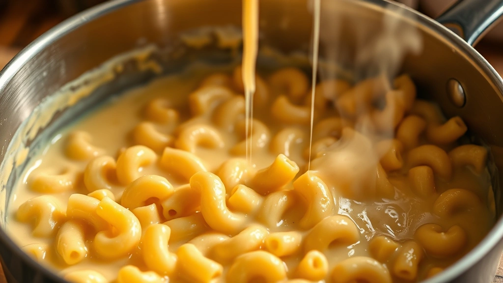 Creamy, smooth cheese sauce coating elbow macaroni pasta in a stainless steel saucepan, golden butter roux base visible, gooey melted cheddar and gruyere cheese, steam rising, professional food photography, warm lighting