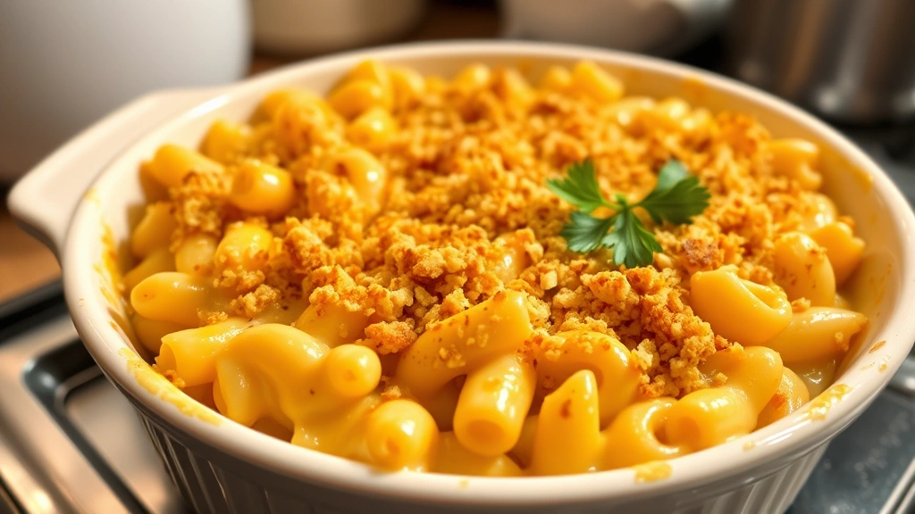 Golden-brown baked mac and cheese in ceramic baking dish fresh from oven, crispy buttered panko breadcrumb topping, creamy cheese visible at edges, fresh parsley garnish, bubbling sauce, home kitchen setting, appetizing close-up