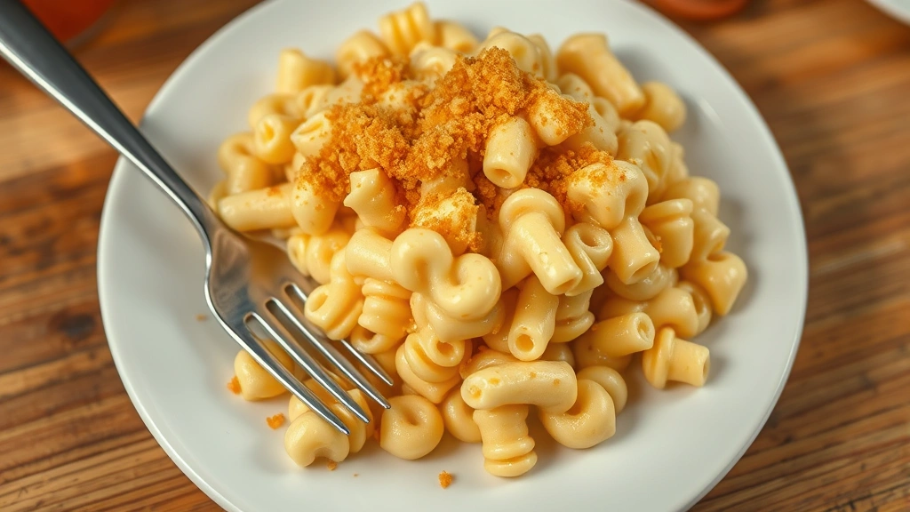 Overhead shot of creamy mac and cheese served on white plate with fork, golden breadcrumb topping, layers visible showing pasta coated in sauce, steam rising, comfort food styling, warm atmospheric kitchen lighting