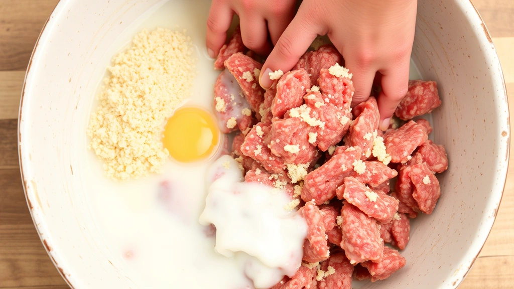 Raw ground beef mixed with breadcrumbs, eggs, and milk in a large ceramic bowl, showing moist mixture texture, hands mixing gently