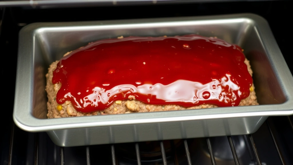 Unbaked meatloaf topped with shiny ketchup-brown sugar glaze in loaf pan, ready for oven, glazed surface glistening under kitchen light