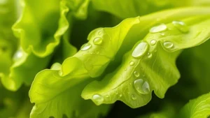 Close-up of fresh crisp lettuce leaves with water droplets, vibrant green, photorealistic, clean background