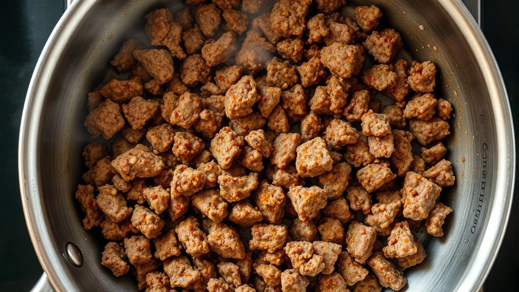 Overhead view of seasoned ground beef cooking in a stainless steel skillet, browned crumbles, steam rising, natural lighting