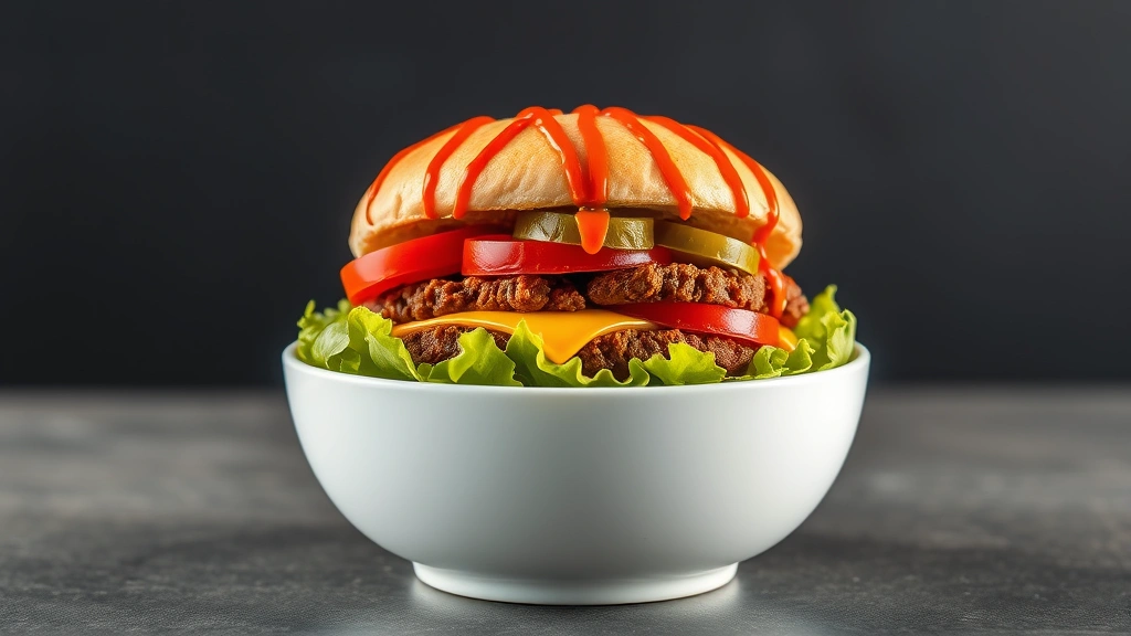 Fully assembled Big Mac salad in white bowl, ground beef on lettuce base, melted cheese, pickles, tomatoes, special sauce drizzled on top, professional food photography, appetizing presentation