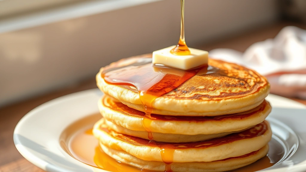 Golden-brown fluffy pancakes stacked on a white plate with melting butter pat on top and warm maple syrup being drizzled, fresh morning light
