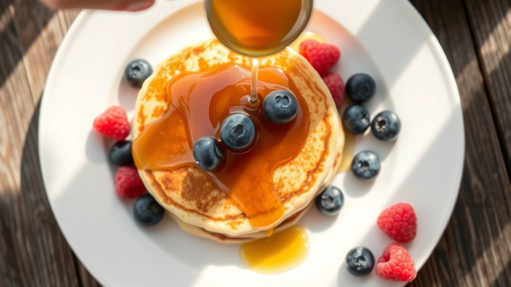Overhead view of pancakes with maple syrup being poured over them and fresh blueberries and raspberries scattered on white plate, morning sunlight