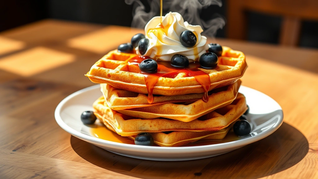 Golden-brown crispy waffles stacked on white plate, steam rising, topped with fresh blueberries, whipped cream, and maple syrup drizzle, wooden table background, warm morning light