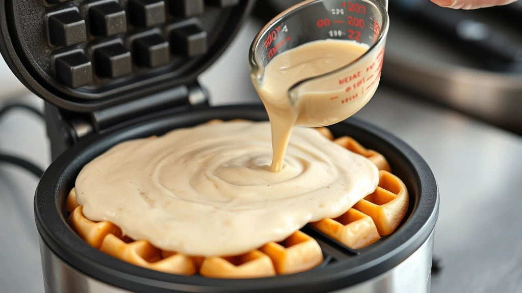 Waffle iron being filled with light batter from measuring cup, close-up side view showing batter texture, stainless steel iron with professional kitchen setting