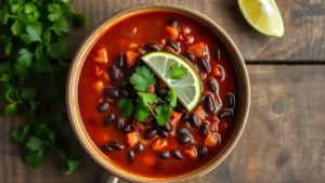 Overhead shot of a steaming bowl of black bean chili with vibrant red tomato sauce and visible black beans, garnished with fresh cilantro and lime wedge, on a rustic wooden table