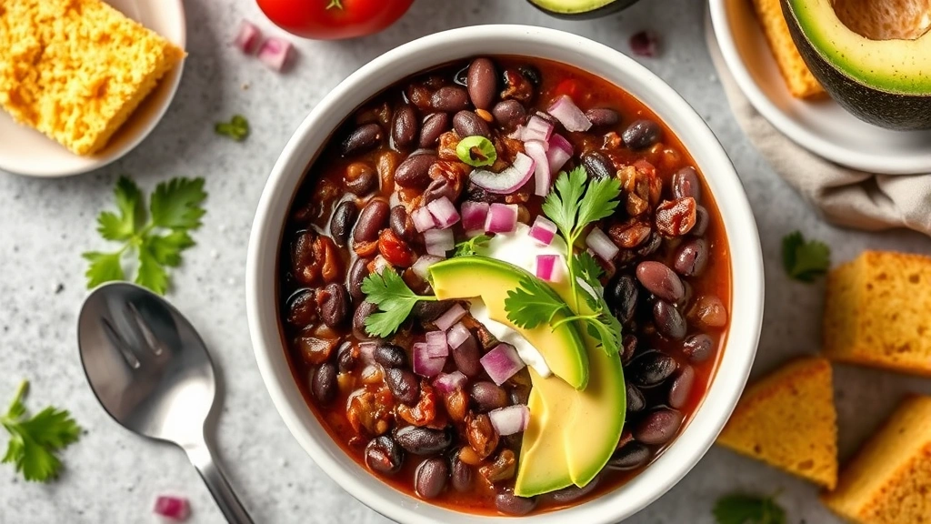 Artistic flat-lay of black bean chili served in a white ceramic bowl topped with diced red onion, fresh cilantro, avocado slices, and a dollop of sour cream, with cornbread on the side