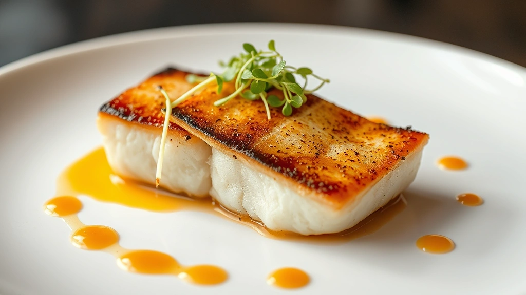 Golden-brown pan-seared black cod fillet with crispy skin, garnished with microgreens and yuzu, on a white ceramic plate with artistic sauce drizzle