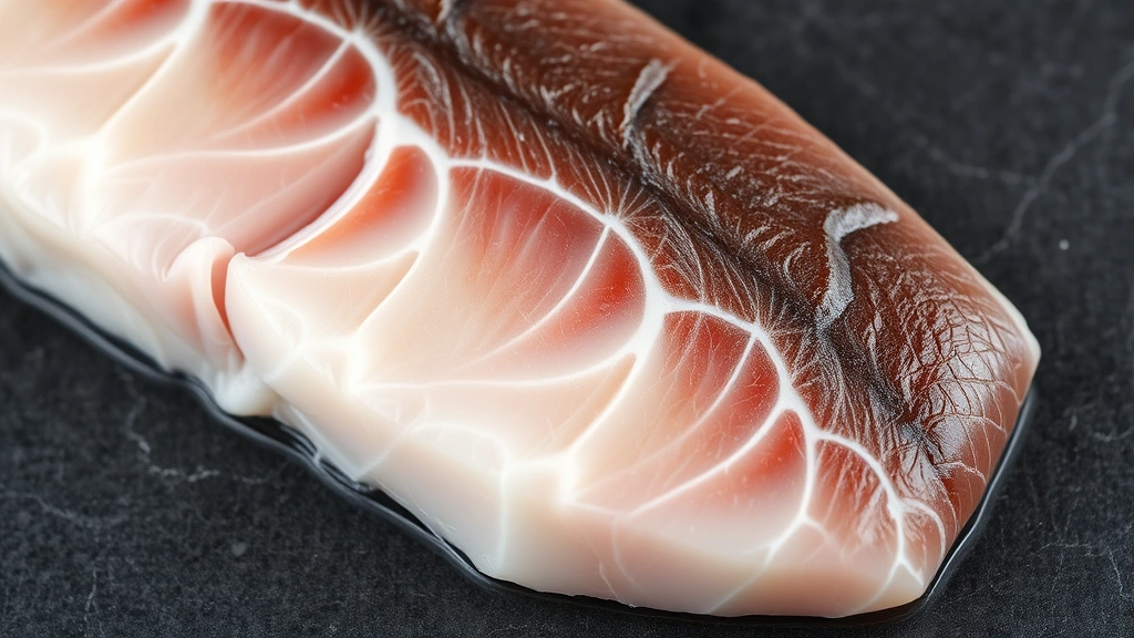 Close-up of raw black cod fillet showing marbled white fat lines through translucent flesh, skin glistening with moisture on dark slate background