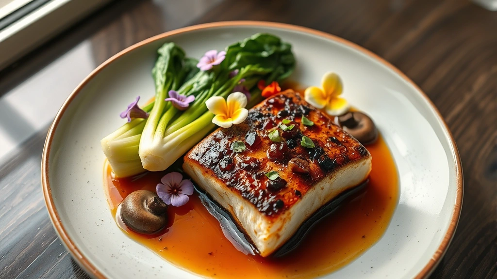 Plated miso-glazed black cod with steamed bok choy, shiitake mushrooms, and edible flowers, photographed from above with natural window lighting