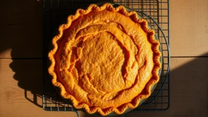 Overhead shot of golden-brown sweet potato pie with crimped edges on a cooling rack, warm afternoon light casting shadows, rustic wooden table surface, no text visible