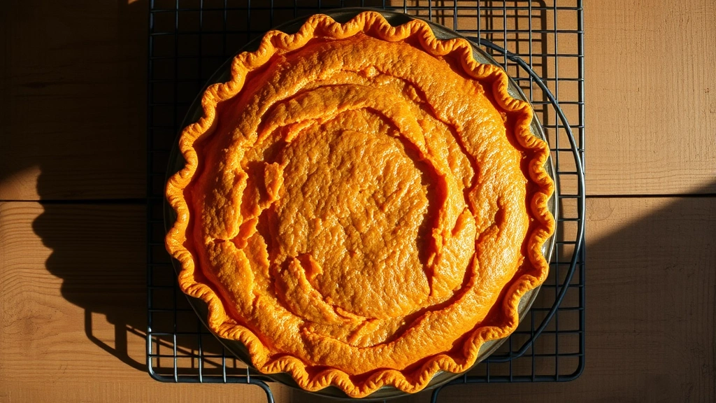 Overhead shot of golden-brown sweet potato pie with crimped edges on a cooling rack, warm afternoon light casting shadows, rustic wooden table surface, no text visible