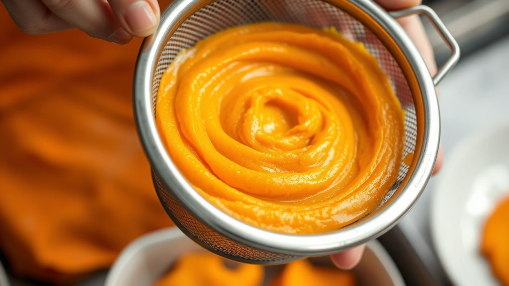 Close-up of smooth sweet potato puree being pressed through a fine-mesh sieve, golden-orange color, hands visible working the food mill, professional kitchen setting, no packaging or labels