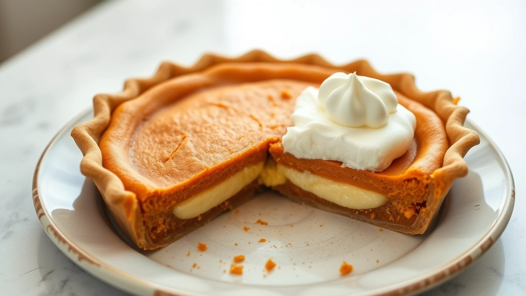 Finished sweet potato pie on a ceramic plate with a slice removed showing creamy filling layers, garnished with whipped cream dollop, soft natural lighting, no recipe cards or measuring tools visible