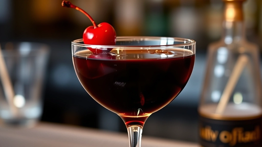 Close-up of a perfectly stirred Black Manhattan cocktail in a chilled coupe glass with a luxardo cherry garnish, deep mahogany color visible, professional bar setting with soft ambient lighting