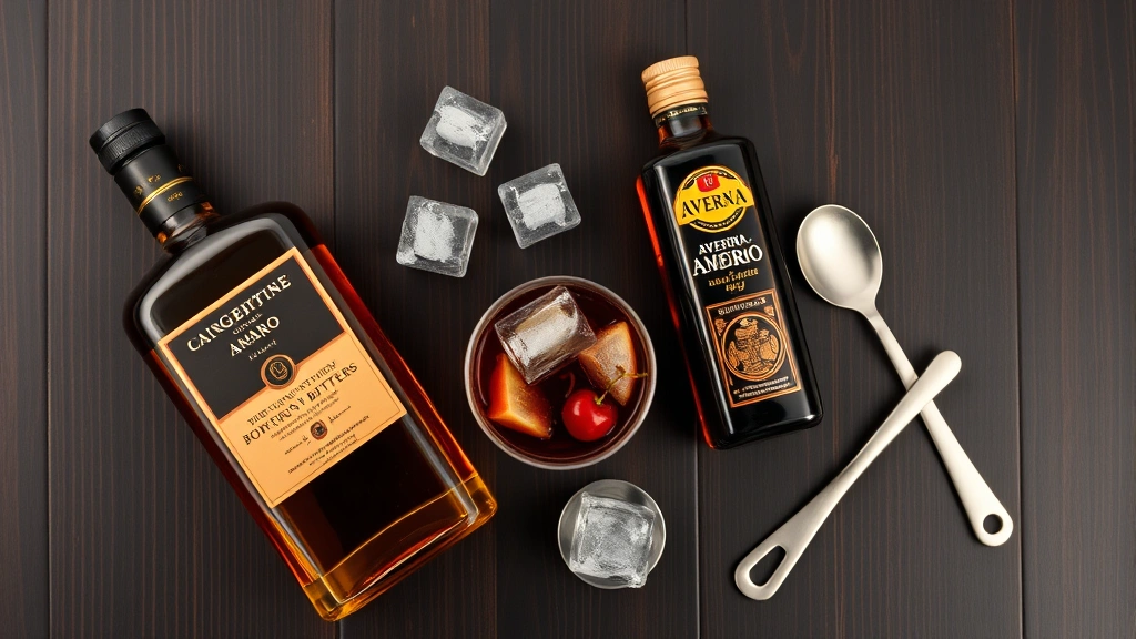 Overhead flat lay of Black Manhattan ingredients arranged artfully: bottle of bourbon whiskey, Averna amaro, Angostura bitters, large ice cubes, luxardo cherry, bar spoon, and jigger on a dark wooden surface