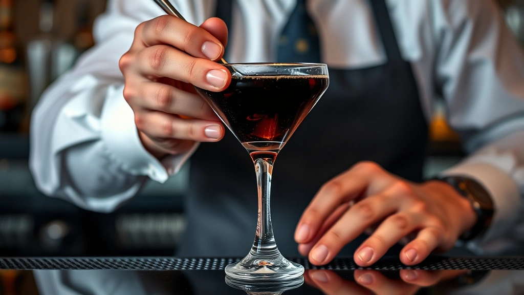 Bartender's hands in action stirring Black Manhattan in a mixing glass with a bar spoon, ice visible, showing proper technique with focused concentration, professional bar background