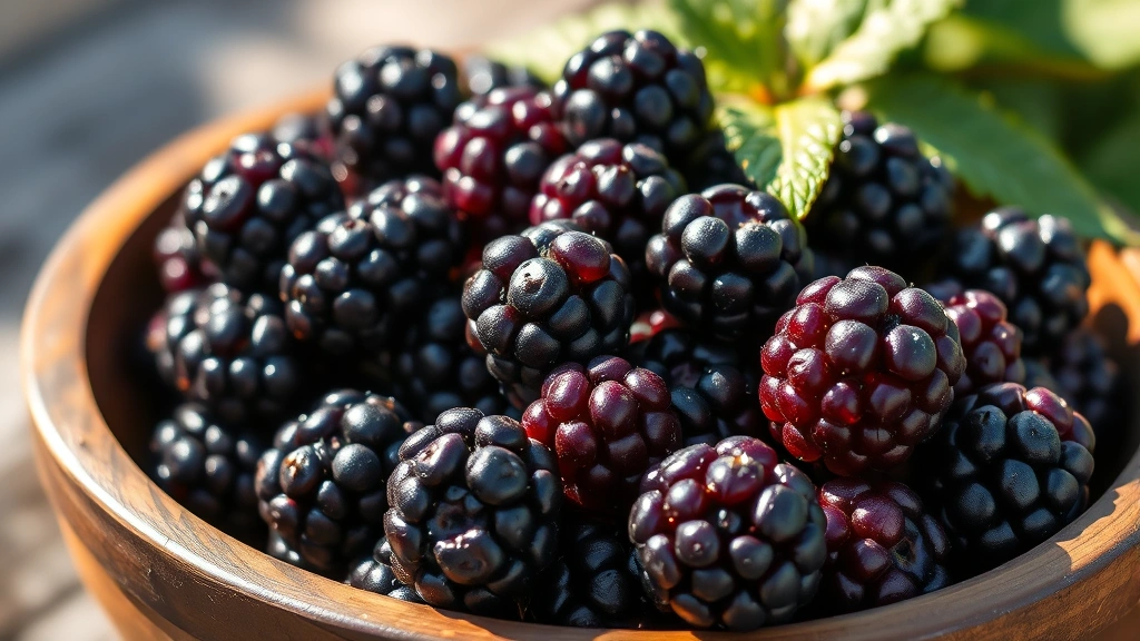 Freshly picked ripe blackberries in a rustic wooden bowl, glistening with morning dew, natural sunlight highlighting their deep purple-black color and individual drupelets